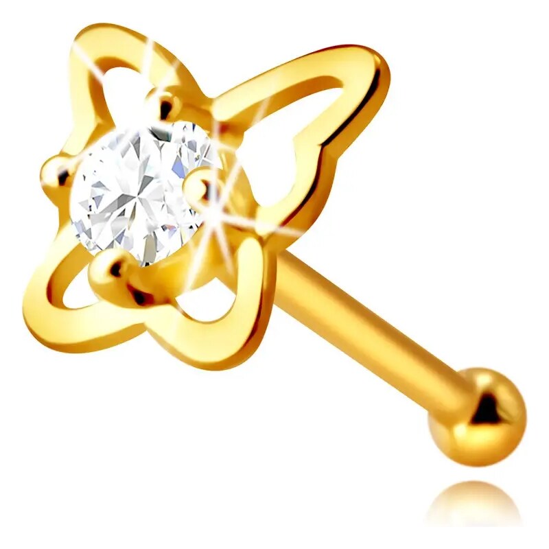 Šperky Eshop - Zlatý piercing do nosa z 9K zlata - kontúra motýľa s okrúhlym zirkónom čírej farby, 2,25 mm S4GG244.58