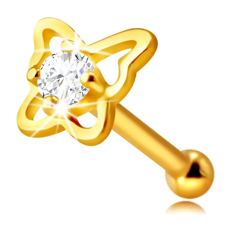 Šperky Eshop - Zlatý piercing do nosa z 9K zlata - kontúra motýľa s okrúhlym zirkónom čírej farby, 1,5 mm S4GG244.56
