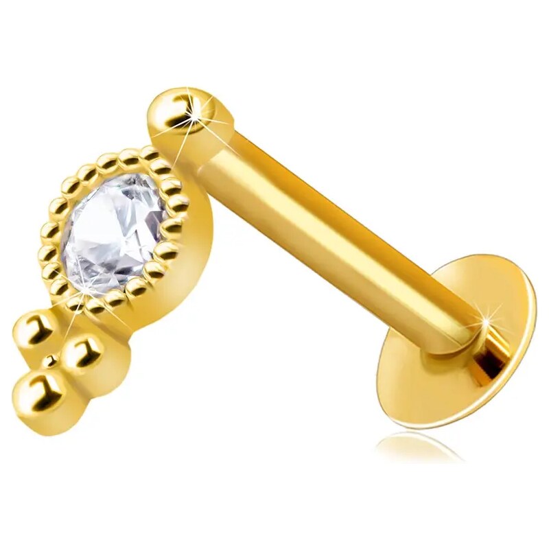Šperky Eshop - Piercing do pery a brady z 585 žltého zlata - okrúhly číry zirkón s ozdobným orámovaním S2GG206.69