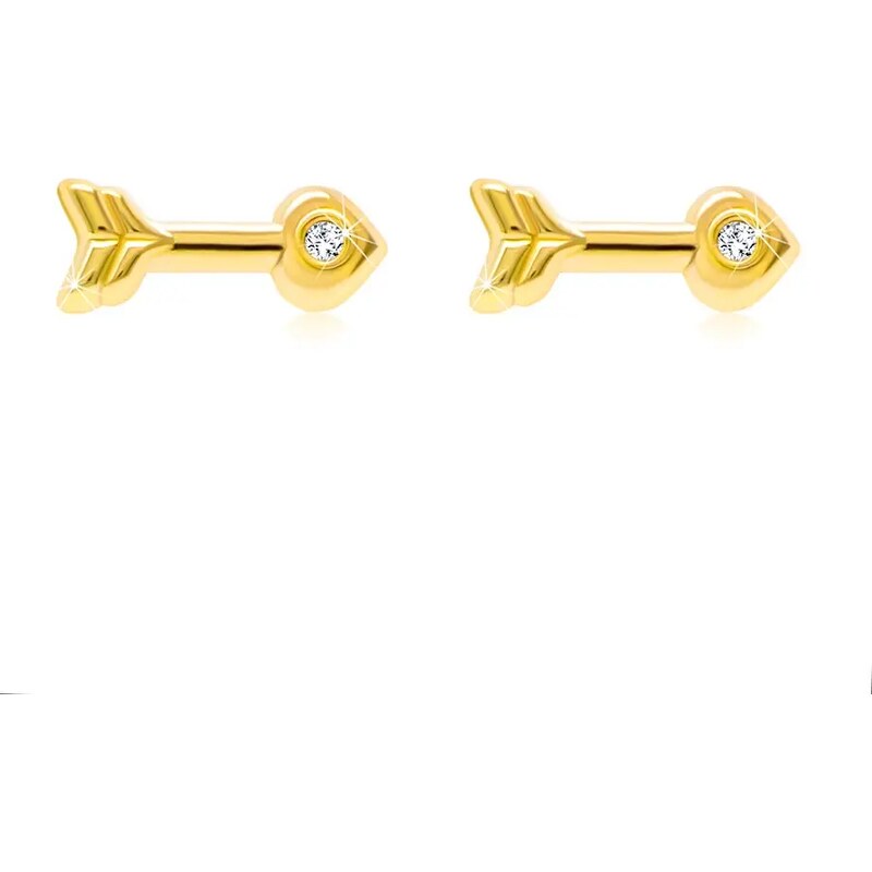 Šperky Eshop - Náušnice zo žltého 9K zlata - Amorov šíp, okrúhly zirkón v srdiečkovom hrote, puzetky S3GG250.09