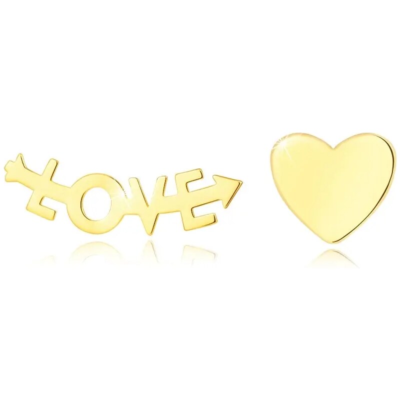 Šperky Eshop - Puzetové náušnice zo žltého zlata 585 - srdce a nápis "LOVE" S3GG250.51
