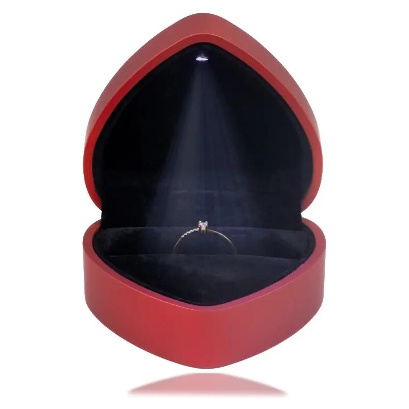 Šperky Eshop - LED darčeková krabička na prstene - srdce, matná červená farba, čierny vankúšik G29.09