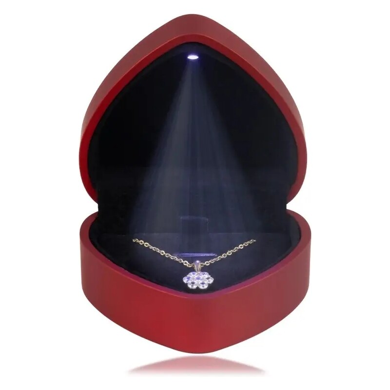 Šperky Eshop - Krabička na šperky, LED svetielko - srdce, matná červená farba, čierny vankúšik G29.03