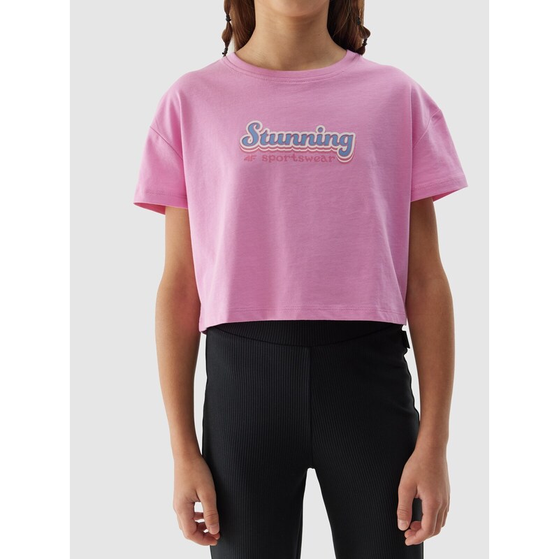 4F Dievčenské crop-top tričko z organickej bavlny - ružové