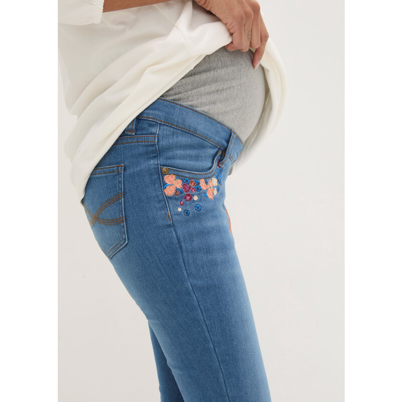 bonprix Materské džínsy s výšivkou, Skinny, farba modrá, rozm. 40
