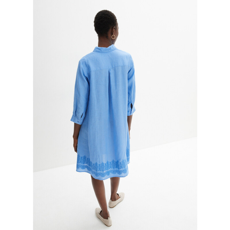 bonprix Košeľové šaty z plátna, dierkovaná výšivka, farba modrá