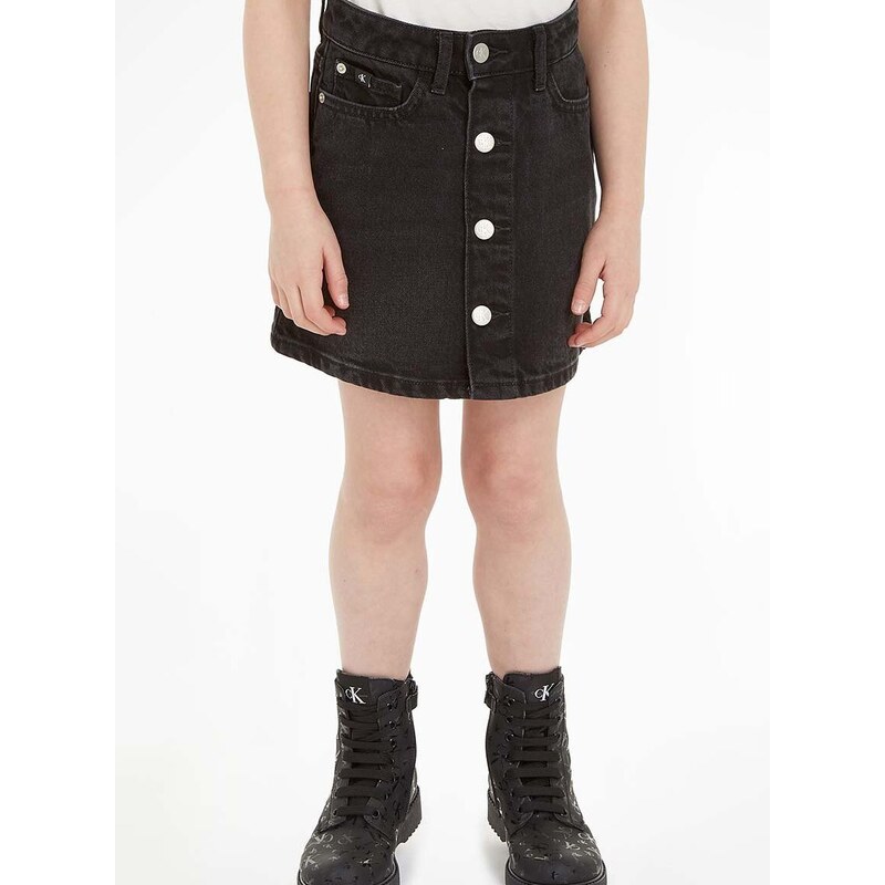 Dievčenská rifľová sukňa Calvin Klein Jeans čierna farba, mini, rovný strih
