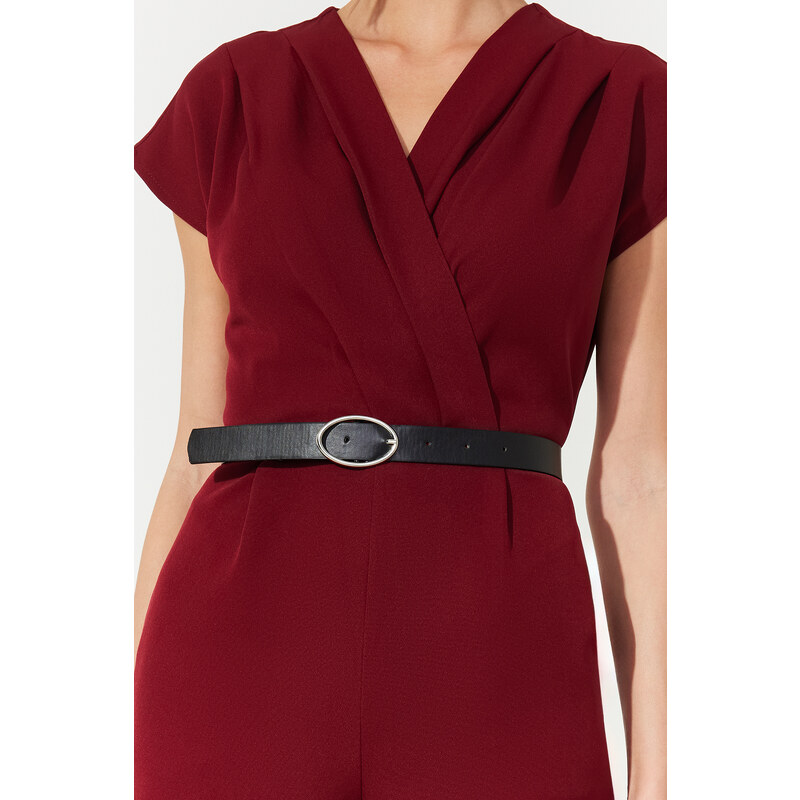Trendyol Burgundy Belted Double Breasted Collar Wide Leg Woven Jumpsuit