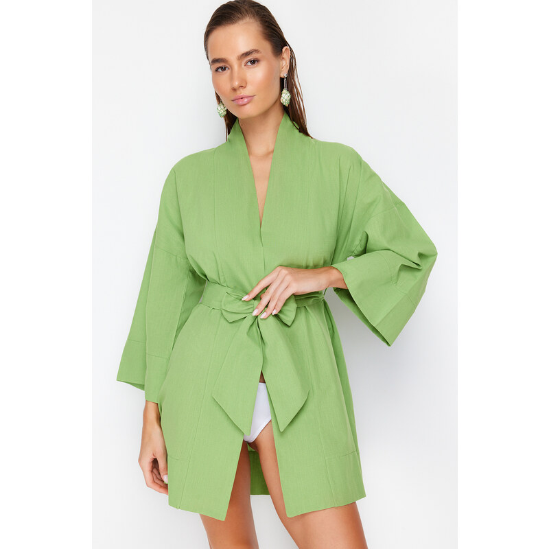 Trendyol Mini Woven 100% Cotton Kimono & Kaftan with Green Belt