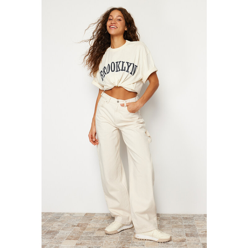 Trendyol Ecru Loose Cut High Waist Carpenter Skater Jeans 52684871