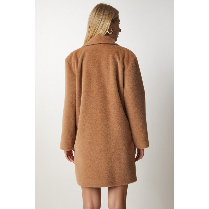Happiness İstanbul Women's Biscuit Rabbit Hair Look Oversize Coat