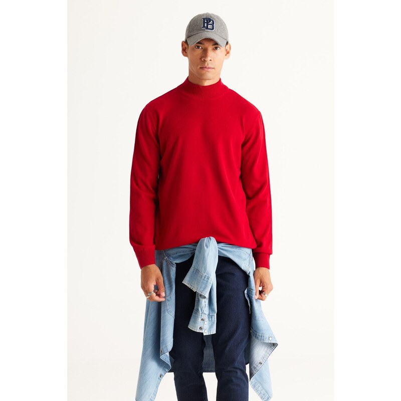 ALTINYILDIZ CLASSICS Men's Red Anti-Pilling Standard Fit Normal Cut Half Turtleneck Knitwear Sweater.