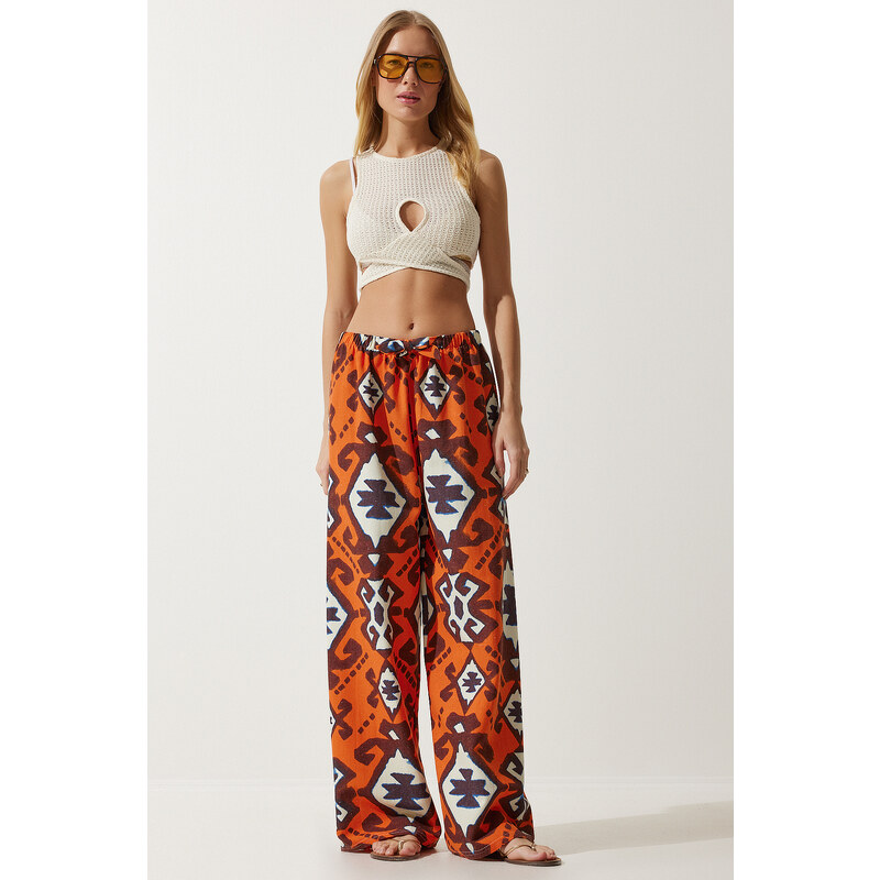 Happiness İstanbul Womens Orange Patterned Raw Linen Palazzo Trousers 50577489