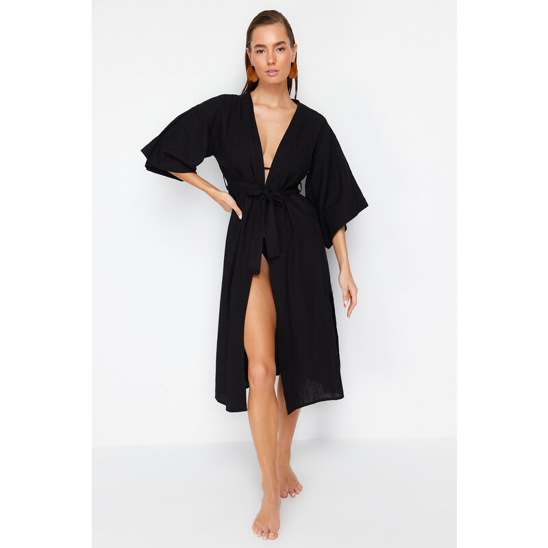 Trendyol Black Belted Maxi Woven Linen Look Kimono & Kaftan