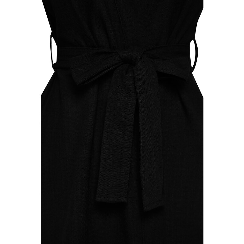 Trendyol Black Belted Maxi Woven Linen Look Kimono & Kaftan