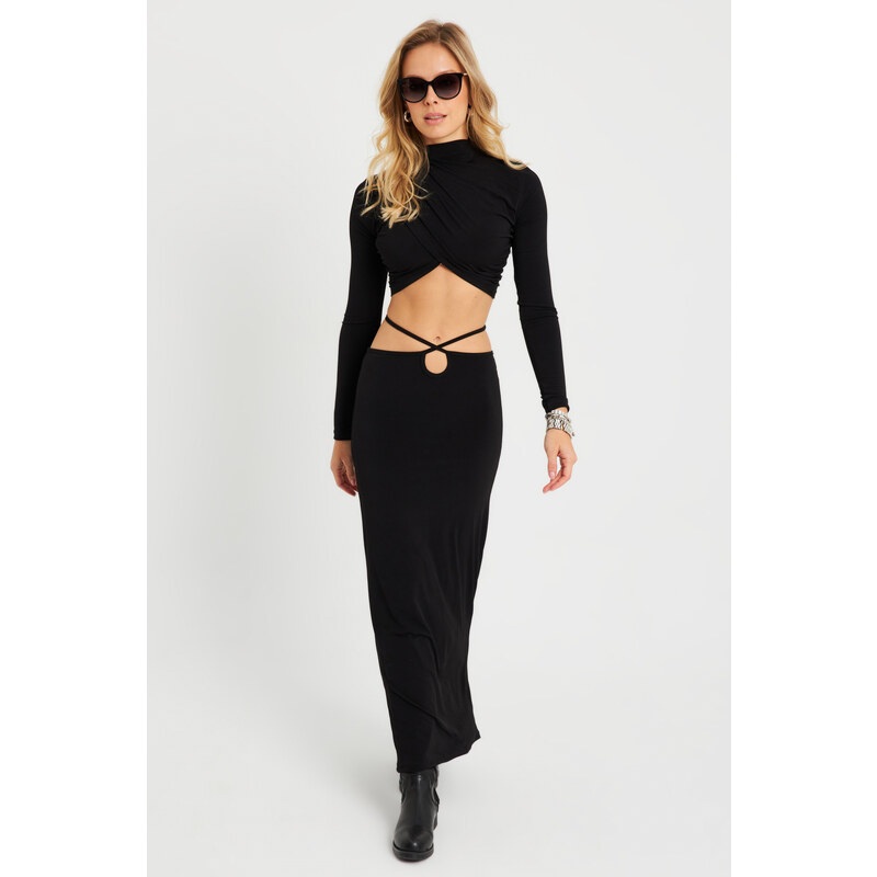 Cool & Sexy Womens Bottom Top Gathered Crop Suit Black YEL86 50593646
