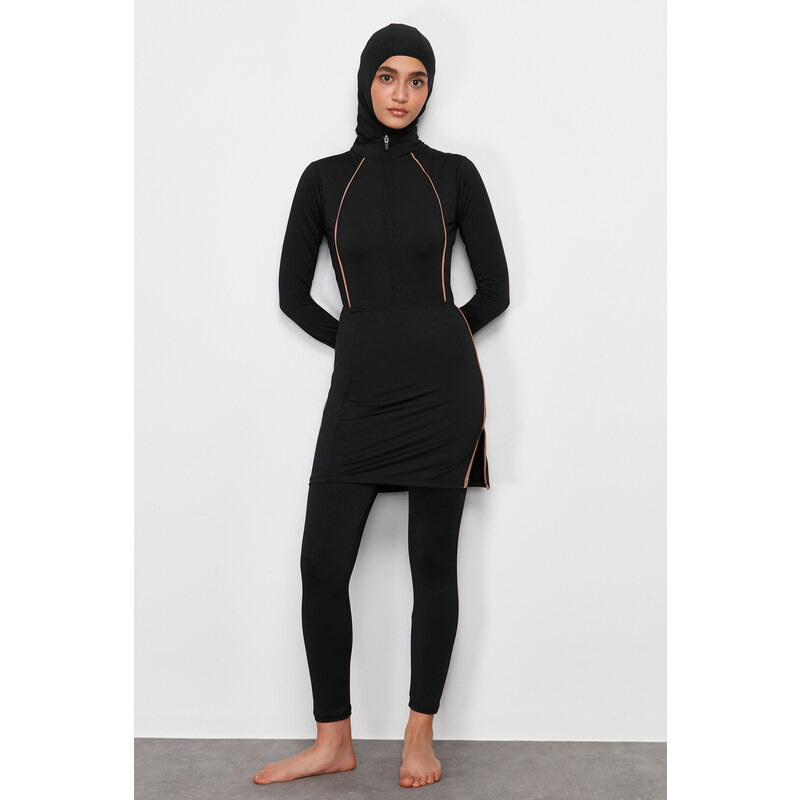Trendyol Black Piping Detailed Beachwear Fully Covered 4-Piece Swimsuit Set