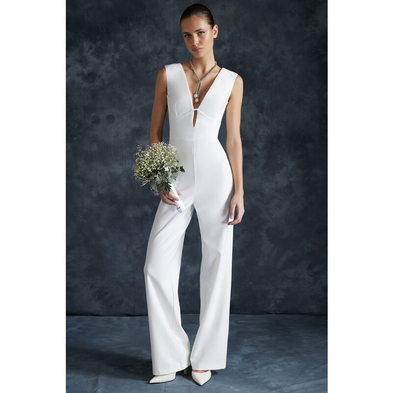 Trendyol Collection Svadobné biele široké tkané, nepodšité, svadobné kombinézy Nikah