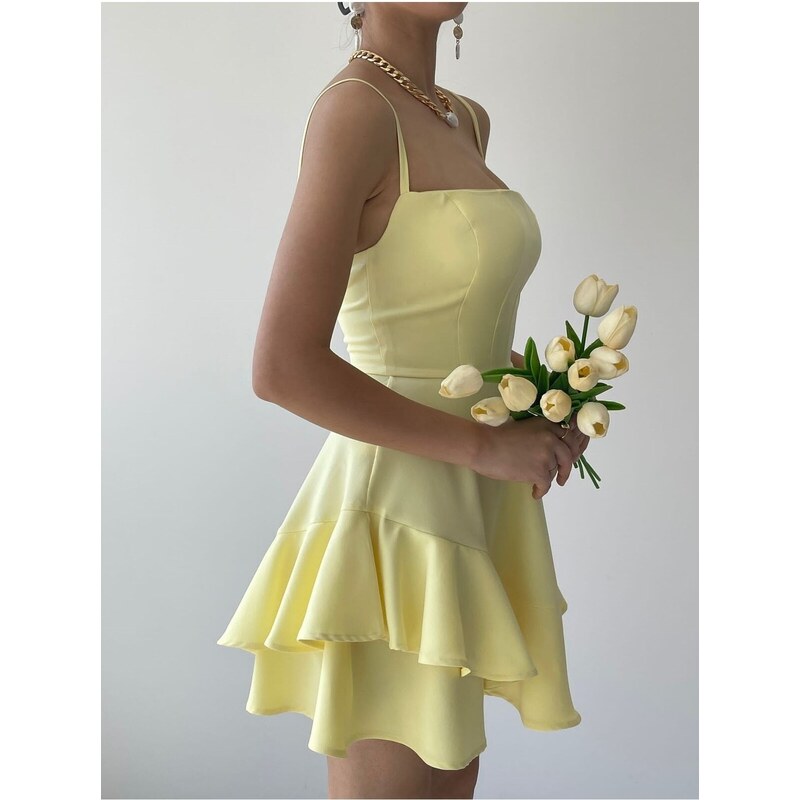 bayansepeti Detail podlahy sukne s nastaviteľným popruhom na špagety Žlté šaty Žlté promočné šaty 102