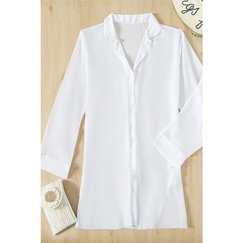 Angelsin Šifónová košeľa Plážové šaty Pareo Kimono Kaftan White