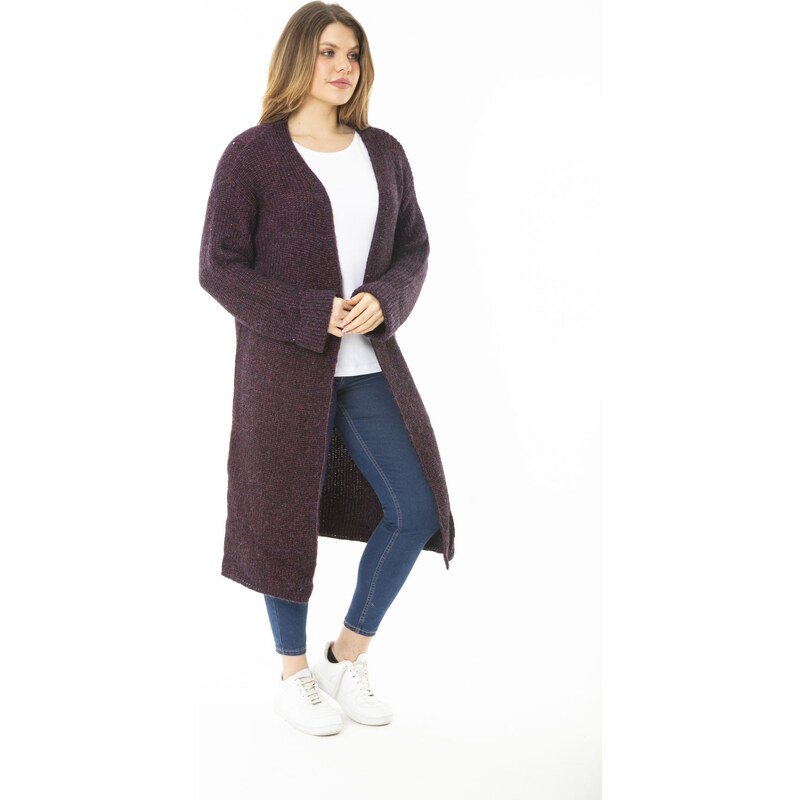 Şans Women's Plus Size Purple Long Sweater Long Cardigan with a Slit