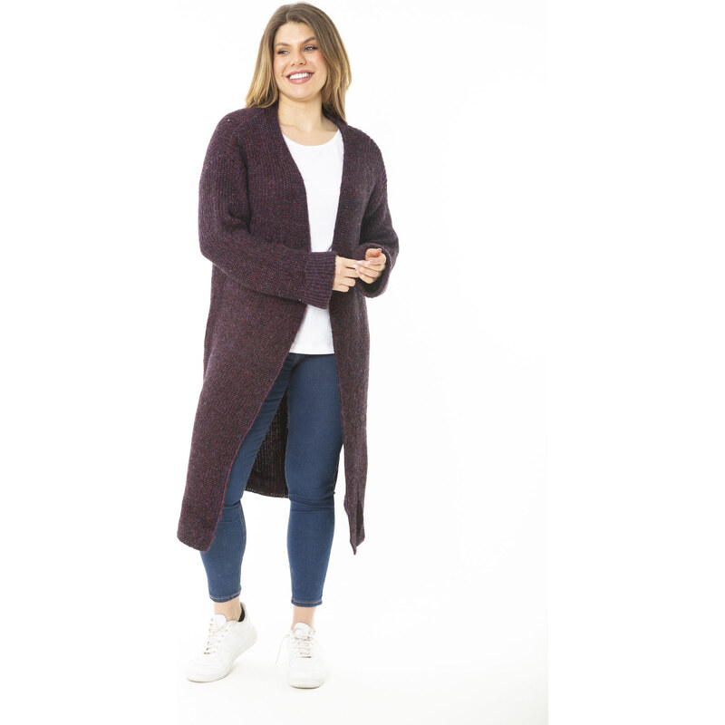 Şans Women's Plus Size Purple Long Sweater Long Cardigan with a Slit