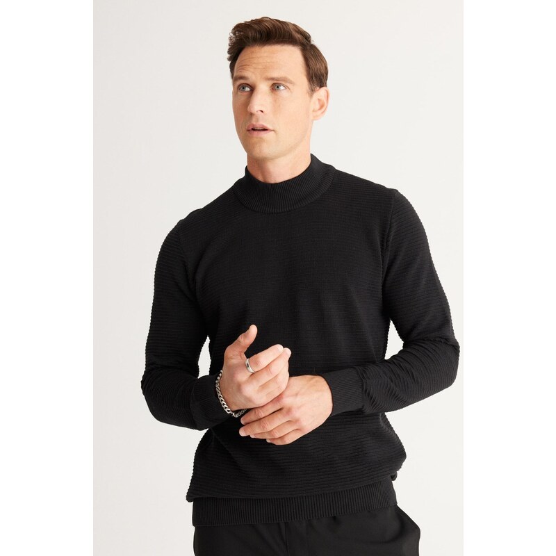 AC&Co / Altınyıldız Classics Men's Black Standard Fit Half Turtleneck Cotton Patterned Knitwear Sweater