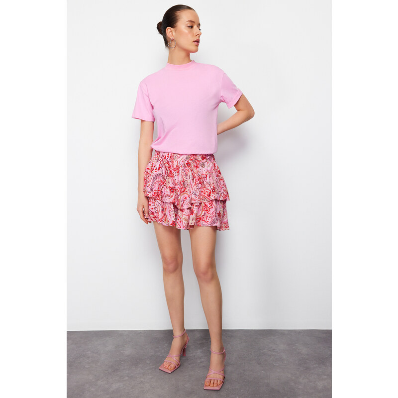 Trendyol Red Shawl Pattern Ruffled Viscose Woven Shorts with Elastic 57881618