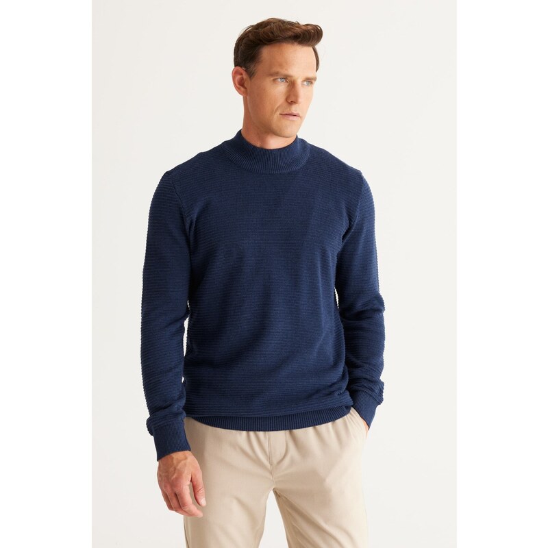 AC&Co / Altınyıldız Classics Men's Indigo Standard Fit Half Turtleneck Cotton Patterned Knitwear Sweater