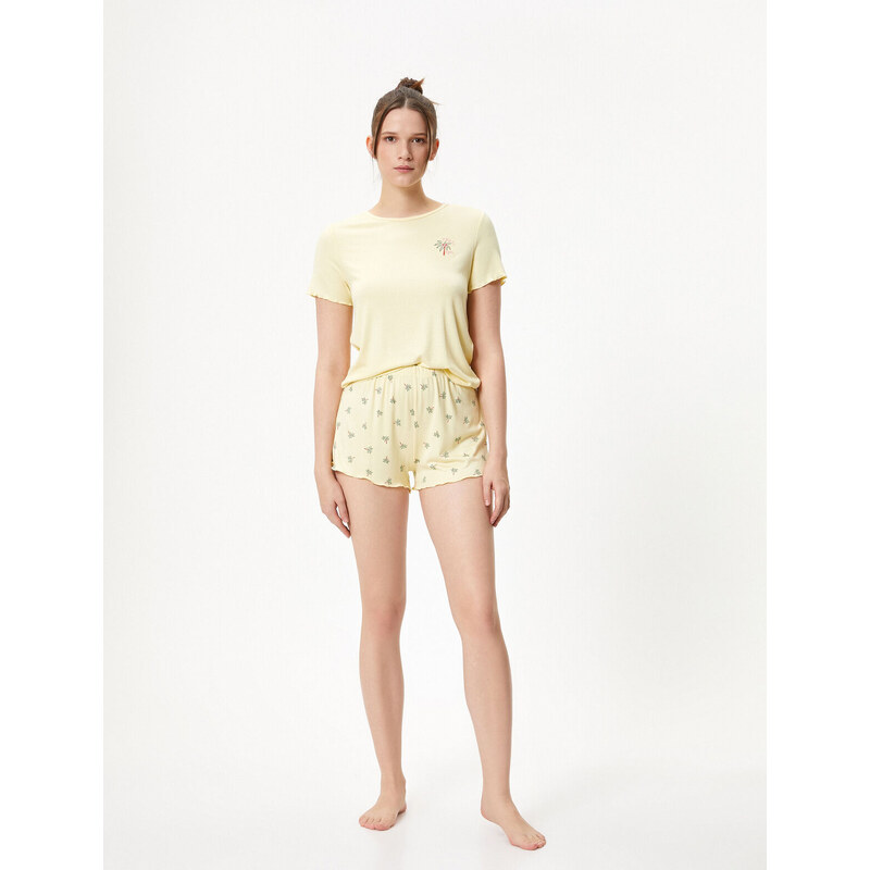 Koton Pajamas Set With Shorts Ribbed Embroidered Short Sleeve Crew Neck