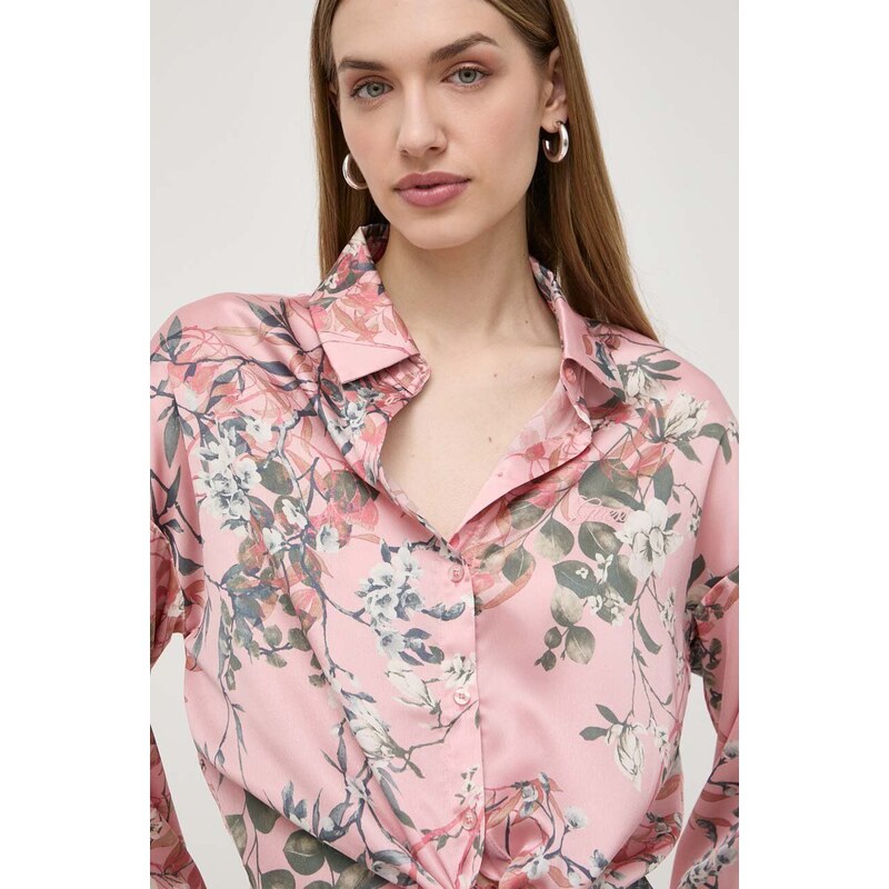 Košeľa Guess BOWED JUN dámska, ružová farba, voľný strih, s klasickým golierom, W3GH93 WD8G2