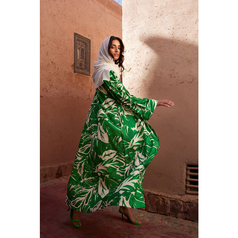 Trendyol Green Tropical Patterned Long Woven Kimono & Kaftan & Abaya
