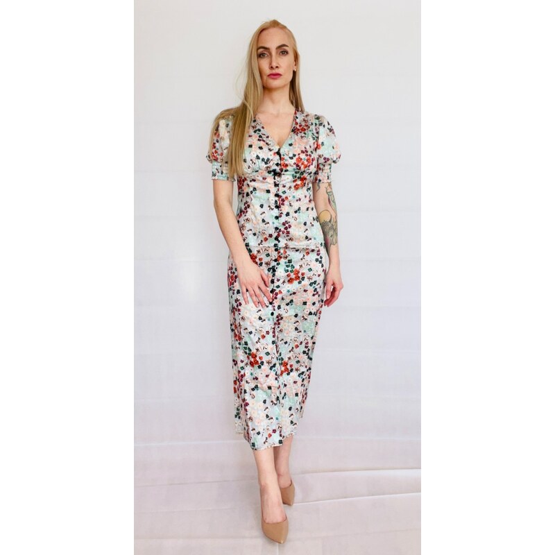 Dámske saténové kvetinové šaty béžové 51284722