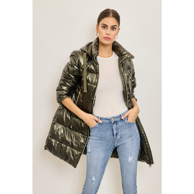 Dámska dlhá zimná khaki bunda s kapucňou 66390074