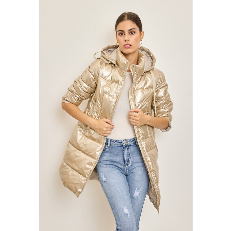 Dámska dlhá zlatá zimná bunda s kapucňou 66390075