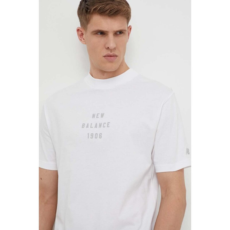 Bavlnené tričko New Balance pánske, biela farba, s potlačou, MT41519WT