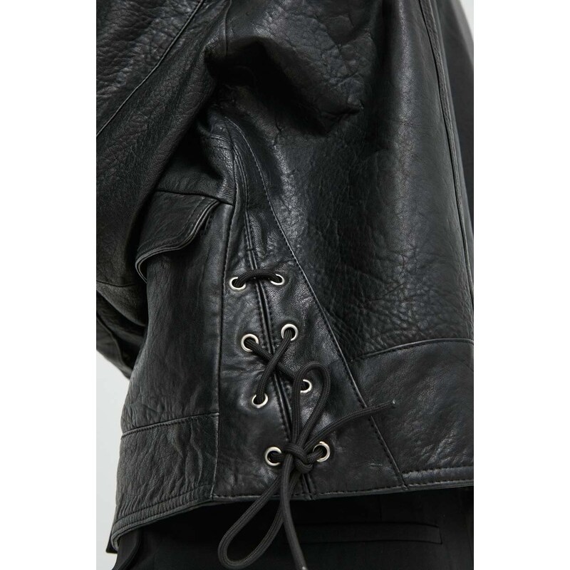 Kožená bunda BA&SH BRAD BRAD dámska, čierna farba, prechodná, oversize, 1E24BRAD,