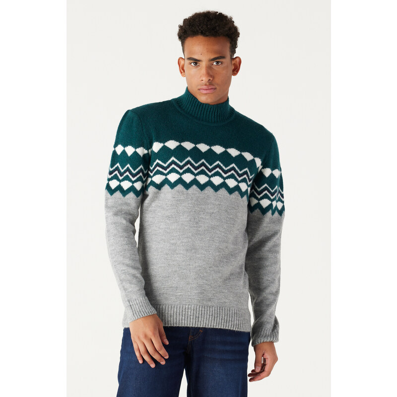 AC&Co / Altınyıldız Classics Men's Petrol Gray Standard Fit Normal Cut Half Turtleneck Raised Soft Textured Knitwear Sweater