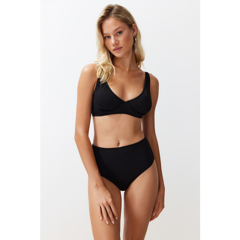 Trendyol Black Textured High Waist Hipster Bikini Bottom 50668311