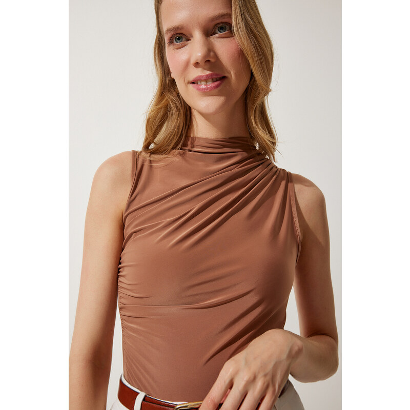 Happiness İstanbul Women's Milk Brown Gathered Sleeveless Sandy Knitted Blouse