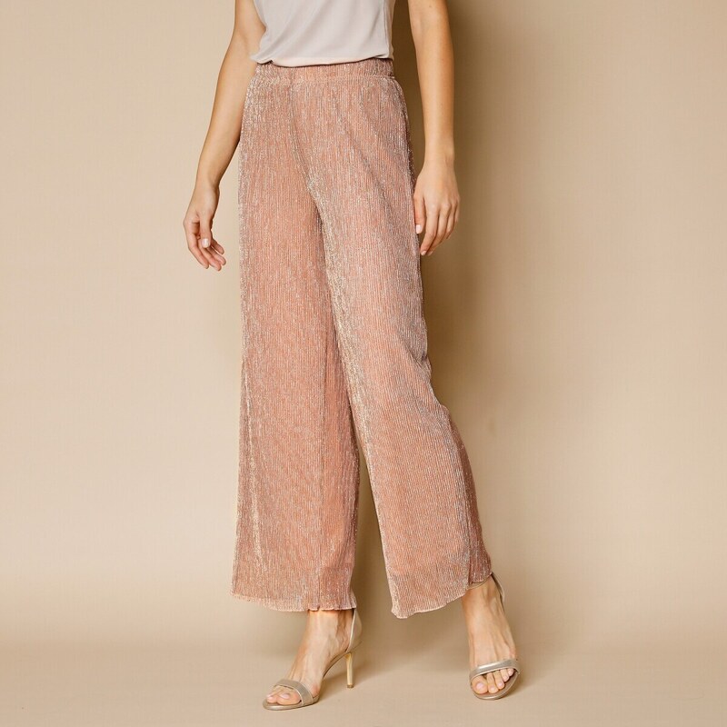 Široké plisované nohavice z lesklého úpletu béžová/zlatistá 036 50134895