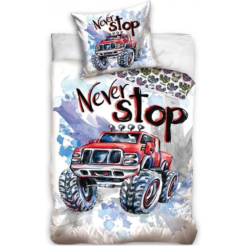 TipTrade (CZ) Bavlnené posteľné obliečky Monster Truck - Never Stop - 100% bavlna Renforcé - 70 x 90 cm + 140 x 200 cm