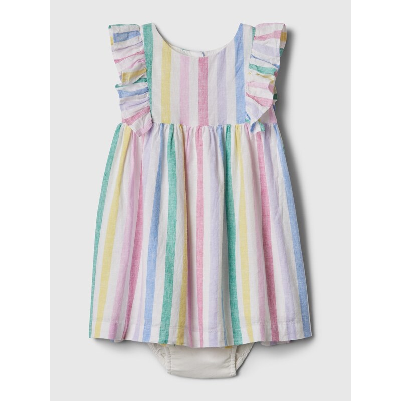 Ružovo-biele dievčenské pruhované body so sukničkou s prímesou ľanu 50576001