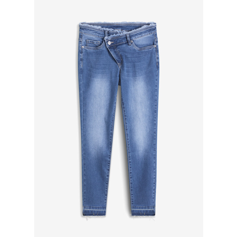 bonprix Skinny džínsy s asymetrickým pásom, farba modrá