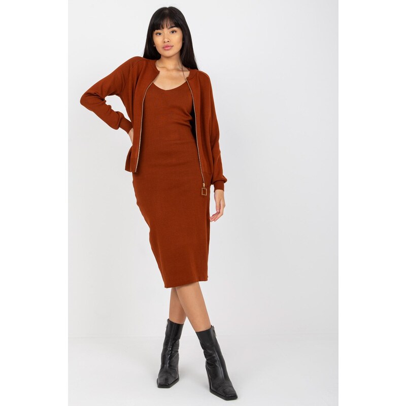 MladaModa 2-dielna súprava šiat a mikiny na zips model 86736 hnedá 50304295