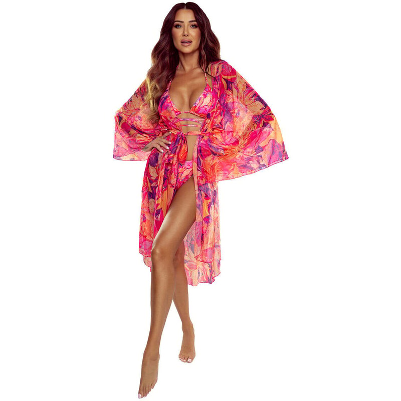 Gabbiano Oranžovo-ružový vzorovaný plážový kaftan Kimono-D