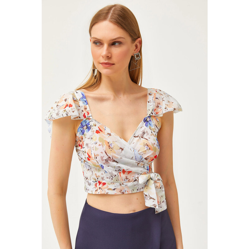 Olalook Womens Blue Floral Side Zipper Sleeve Detailed Mos Crepe 64642398