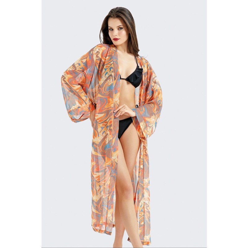 C&City Dlhé šifónové kimono pareo plážové šaty C14301 oranžové