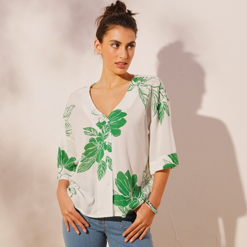 Košeľová blúzka s krátkymi rukávmi ražná/zelená 036 Blancheporte 50384289