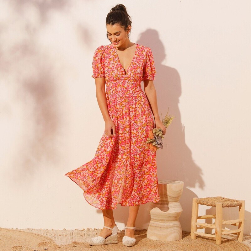 Dlhé voálové šaty s potlačou, recyklovaný polyester červená 046 50384343